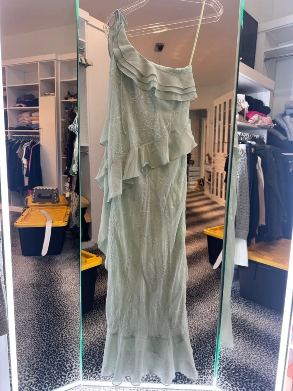 Petal & Pup One-Shoulder Ruffle Maxi Dress in Sage - Picture 5 of 7